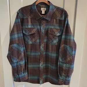 L.L. Bean Snap-Button Plaid Flannel Shirt - Brown & Blue - Size  XL Regular